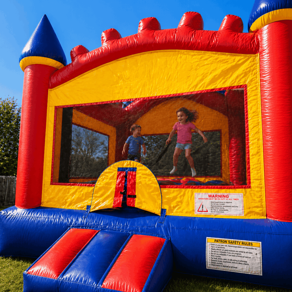 kids jumping in colorful bounce house