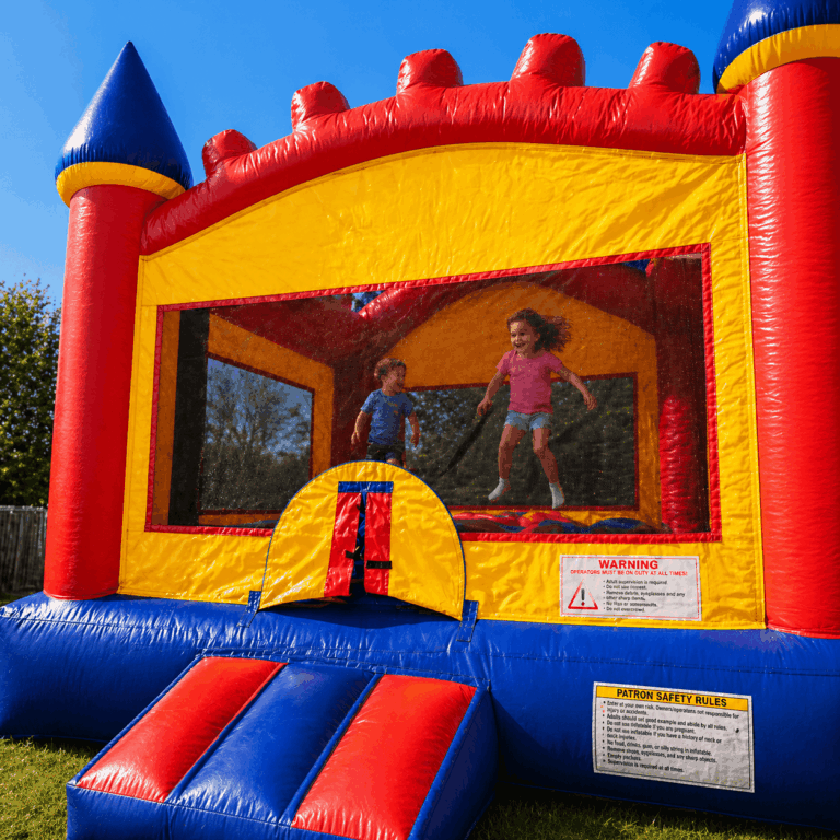 kids jumping in colorful bounce house