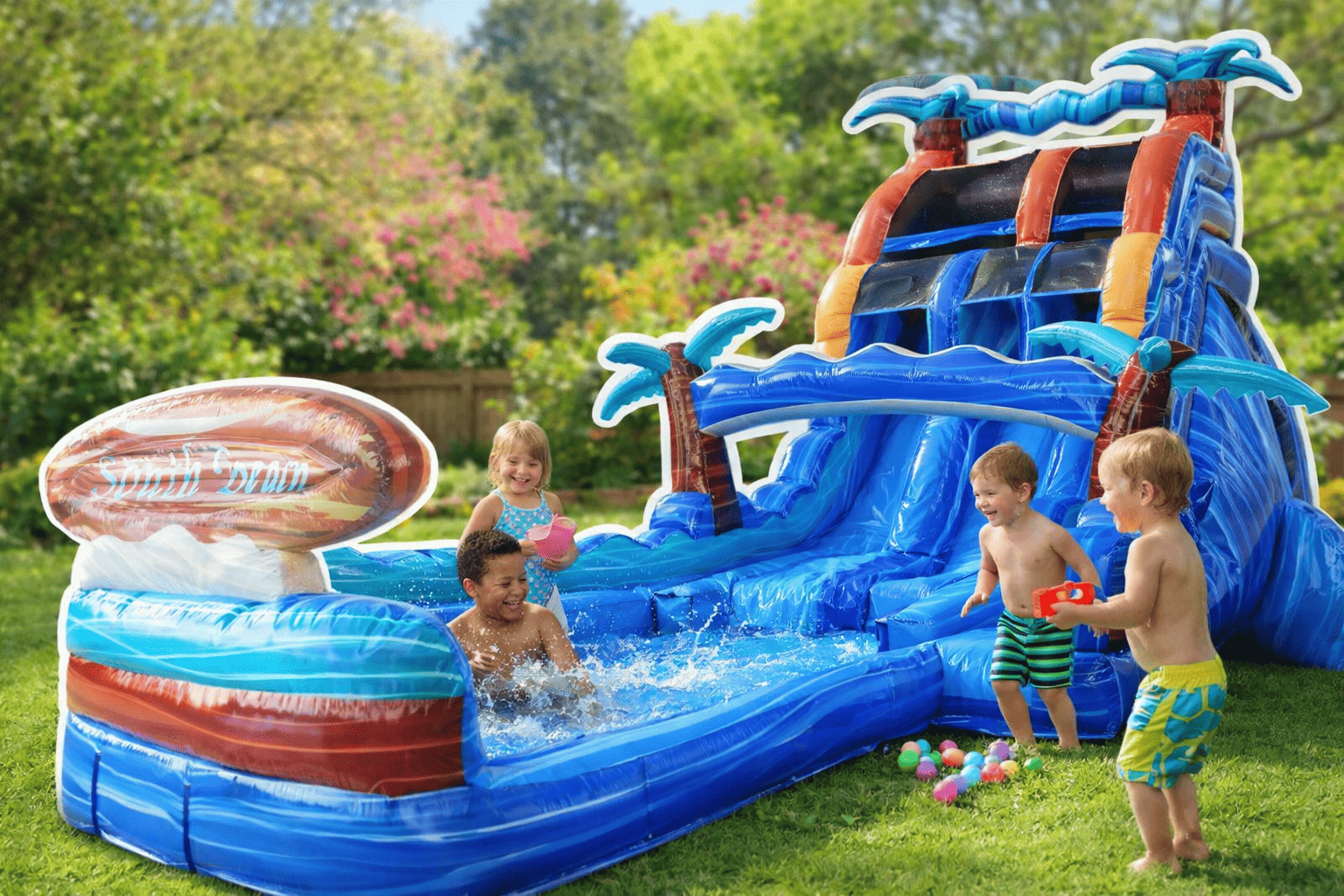 Kids playing on a backyard water slide bounce house in a sunny spring setting