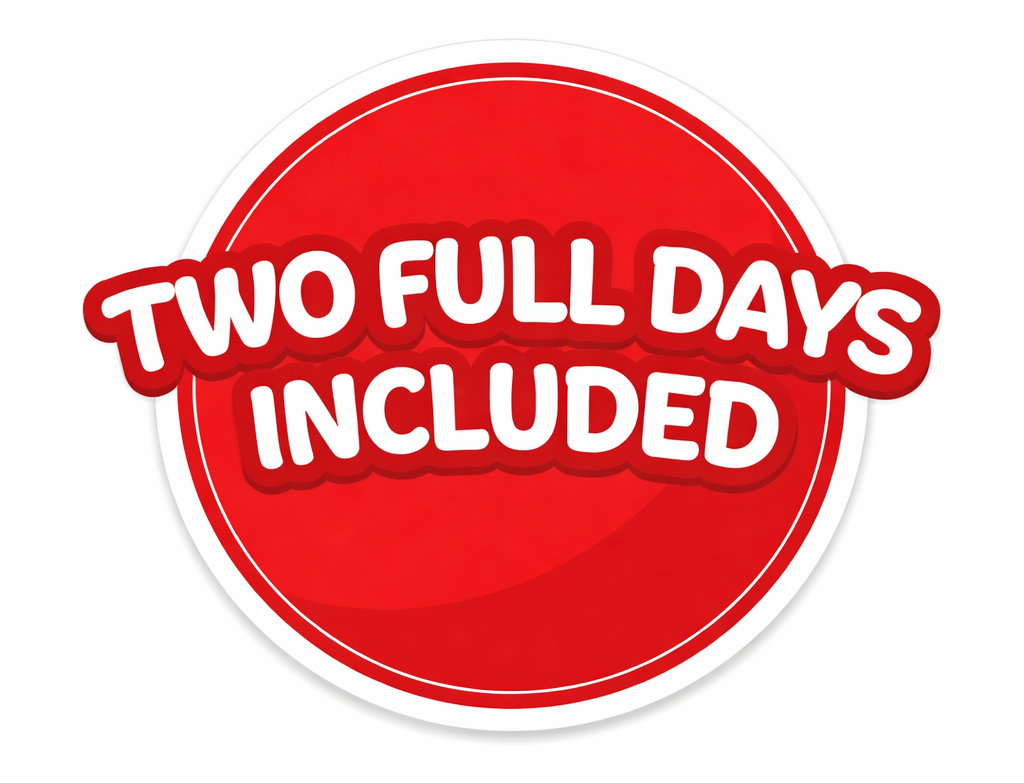 Minimal red badge displaying “Two Full Days Included” for water slide rental value and extended party time