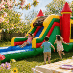 kids playing on bounce house slide at backyard party